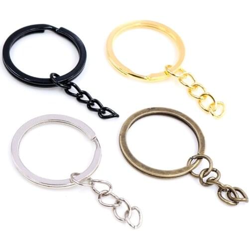 20pcs/lot Key Ring Key Chain ( Ring Size 28mm) Fashion Gold Color Rhodium Black Colors Plated 50mm Long Round Keychain Keyrings
