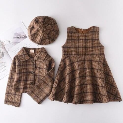 27KIDS Girls Autumn Princess Woolen Skirt Dress For Kids Clothes Children Clothing Winter Casual Dresses with Hat Coat 3PCS Sets