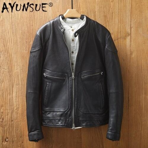 AYUNSUE Mens Sheepskin Coat Genuine Leather Jacket Men Spring Autumn Short Motorcycle Biker Jacket Fashion MG9-k9115 KJ4427