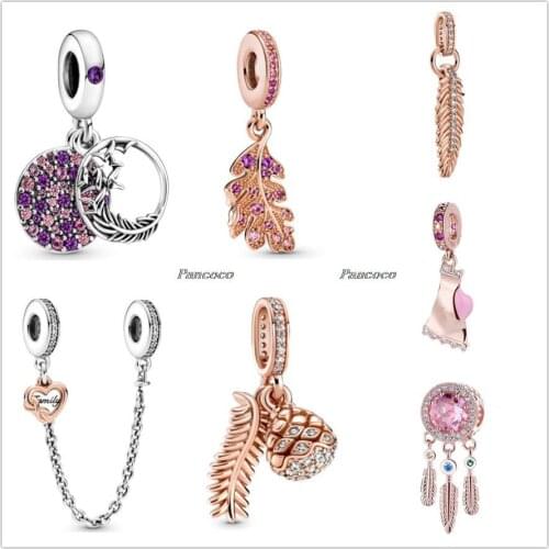 Authentic 925 Sterling Silver Rose Pine Needle Leaf With Crystal Pendant Charm Beads Fit Pandora Bracelet & Necklace Jewelry