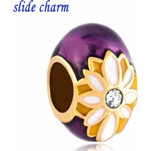 Slide charm Free shipping Purple Egg Lucky Charms Clear Crystal Daisy Lucky Charms Bead fit Pandora bracelet