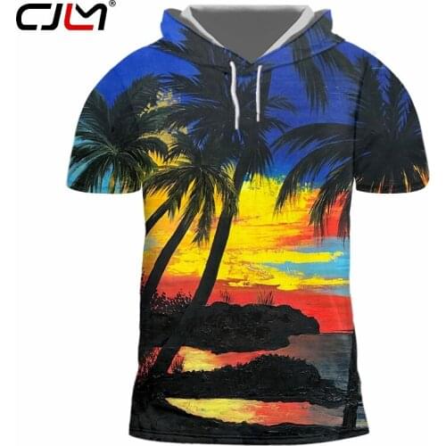 CJLM Summer Men/Women Tshirt With Hood Print Coconut tree landscape 3D T-shirt Man Hiphop Streetwear Undershirt Short Sleeve