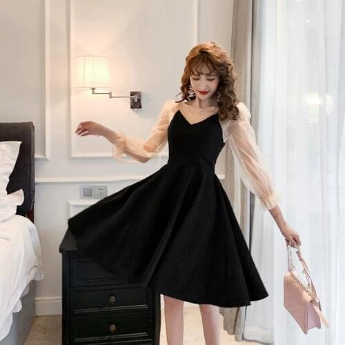 COIGARSAM Patchwork Women one-piece dress korean Bow Mesh V-Neck Dresses Black 6856