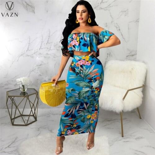 VAZN 2021 Women Fashion New Sexy Holiday Style Short Sleeve Card Shoulder Top Elastic Long Skirt Printed Dress Two Piece Sets