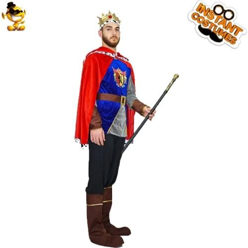 King Costume for Mens Luxury Medieval Prince Costumes Halloween Cosplay Costumes with Headpiece Red Cape Blue Coat