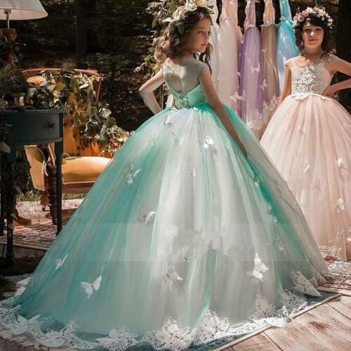 Pink/Green Flower Girl Dresses For Weddings Lace Ball Gown Sleeveless Butterfly First Communion Dresses For Girls Vestido Longo