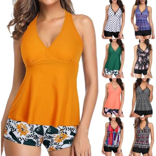 Summer Ladies Swimsuit Womens Tankini High Waist High Neck Halter Tummy Control Two Piece Swimsuit Maillot De Bain Femme