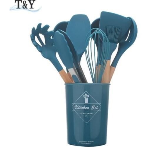 T&Y 12pcs Non-Stick Silicone Utensil Cooking Set with Wooden Handle, Kitchen Cookware Accessories Spatula Turner Scraper Tools