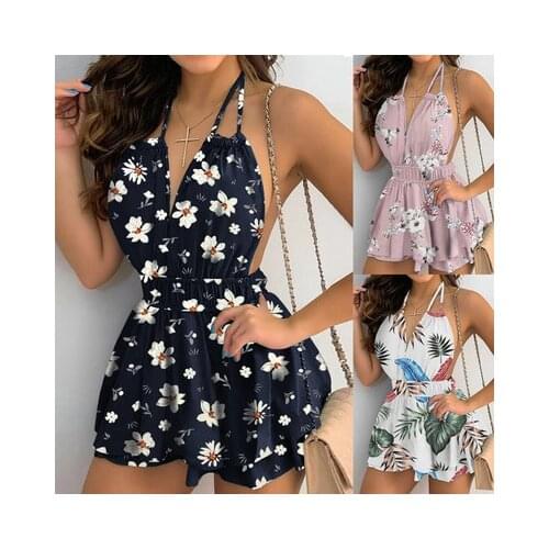 Sexy Women Summer Print Sexy Shrinkage Design Halter Sleeveless Backless Dress Ladies V-Neck Mid Waist Slim Pullovers Mini Dress