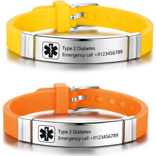 Custom Engraving ICE Medical Alert Bracelet Emergency Reminder Stainless Steel ID Bracelets & Bangles Sports Silicone Wristband