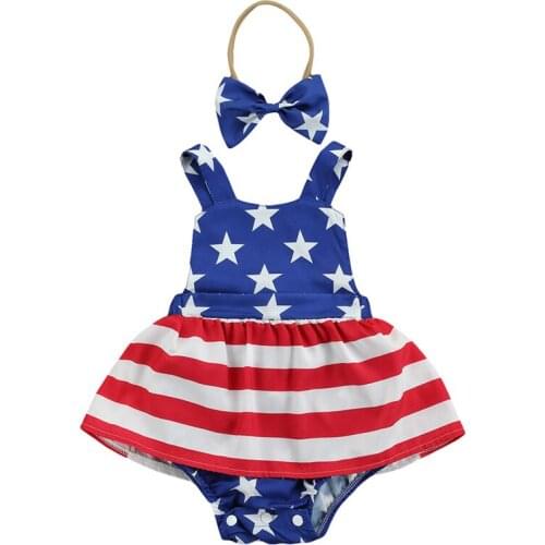 Pudcoco 0-24M 2Pcs Baby Girls Infant Kid Summer Sleeveless Stripe Star Print Independence Day Romper+Headwear New Outfit Clothes