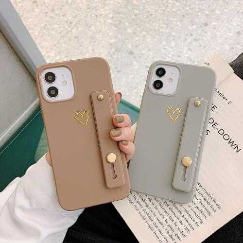 Heart Simple Wrist Strap Phone Case for iPhone 12 11 Pro XS Max XR 7 8 Plus Wristband Holder Solid Color Soft TPU Cover Shell