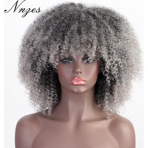 NNZES 14 Inches Synthetic Short Afro Curly Ombre Grey Wig Black Ombre Blonde Color for Black Women Heat Resistnat Fiber