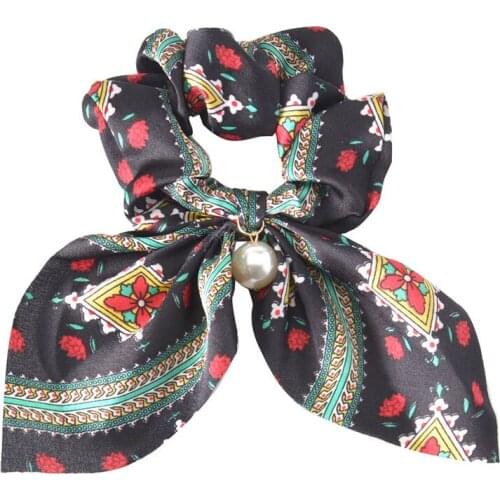 Vintage floral print pearl Bow Streamers Hair Ring Ribbon elastic Hair Bands Scrunchies Horsetail Tie Hair Accessories