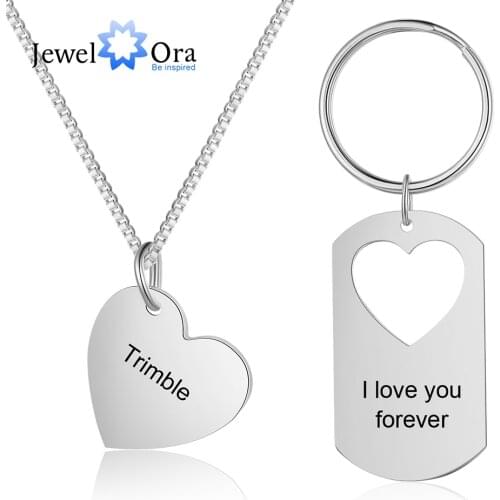 JewelOra Customized Engraving Necklace Keychains Set Personalized Name Father Daughter Set Mother Kids Jewelry Gifts