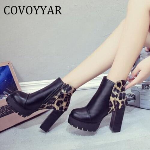 COVOYYAR Platform Women Boots Winter Fur Chunky Heeled Ankle Boots Sexy Leopard Female Booties Black Shoes Women WBS008