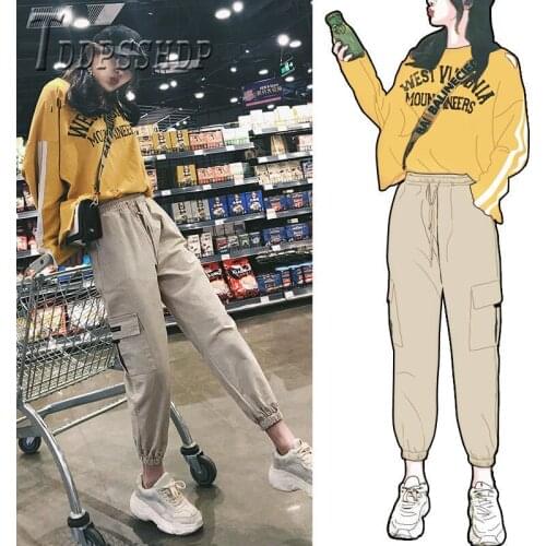 2019 Apricot And Black Color Women Cargo Pants Autumn Elastic Waist Female Trousers