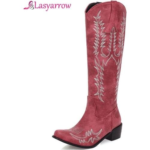 Lasyarrow 2019 Autumn Fashion Embroidery Western Cowboy Block High Heel Knee High Boots Red Black Long Cowgirl Boot Female Shoes