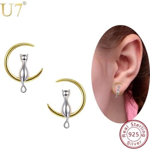 U7 925 Sterling Silver Stud Earrings Cat Sitting on Moon Women Jewelry Brincos Mothers Day Gift Sterling Silver Earings SC03