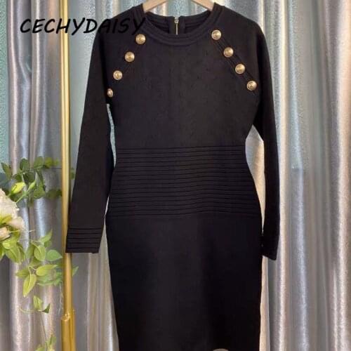 Women Knitted autumn dress long sleeve button up white black sweater elegant slim sexy bodycon dresses vestido de mujer femme za