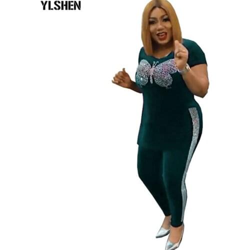 Velvet 2 Piece Set African Clothes Dashiki Diamonds Dress Pants African Dresses for Women Bazin Riche Famous Suit Vetement Femme