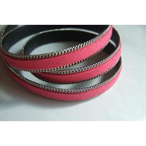 Free shipping 100meters Hot Pink 10mm Flat Suede Leather cord with silver tone chain , imitation leather cord 10x2mm