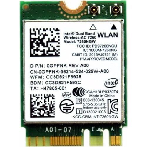 Wireless Adapter Card for Dell Intel Wireless 7260 7260ngw WLAN WiFi 802.11 ac/a/b/g/n + Bluetooth 4.0 Card GPFNK