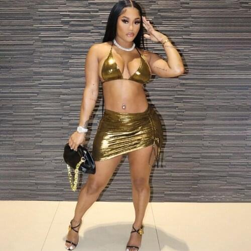 BKLD Two Piece Outfits For Women Summer 2021 Fashion Shiny Metallic 2 Piece Set Halter Bandage Crop Tops+Ruched Drawstring Skirt