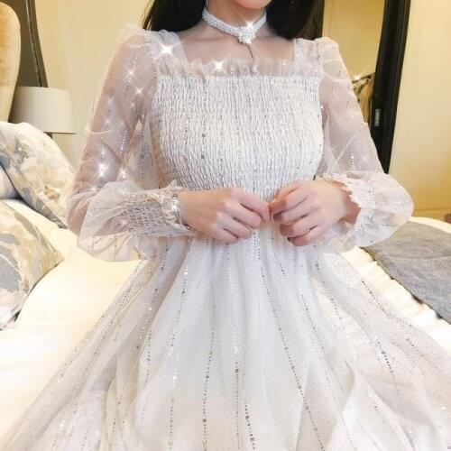 Elegant Sequin Spotted Dress Summer WomenS Sweet Princess Gauze Retro Square Collar Mid-Length Dress Female Party Holiday Dress