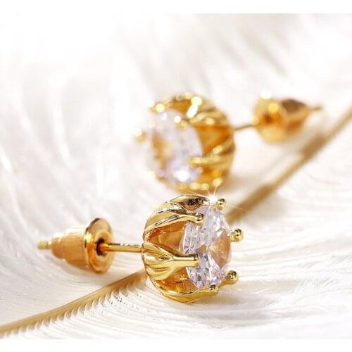 Huitan Luxury Gold Color Womens Stud Earrings Inlaid Round Cubic Zirconia Delicate Girl Accessories Fashion Jewelry Fancy Gifts