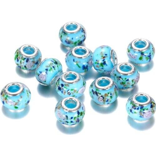 10Pcs Lot Wholesale Light Blue Flower Murano Big Hole Glass Spacer Clip Charm Bead Fit for Original Snake Chain Pandora Bracelet