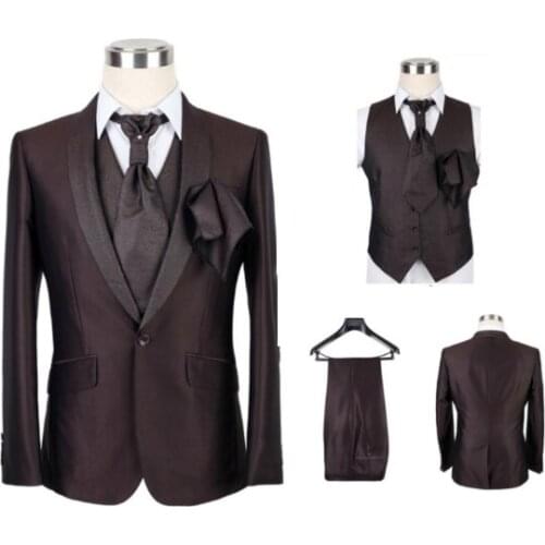 Brown Blazer Lapel Groom Wedding Formal Occasion Mens Slim Fit Graduation Suit Three Pieces Suit (Jacket + Pants + Vest)