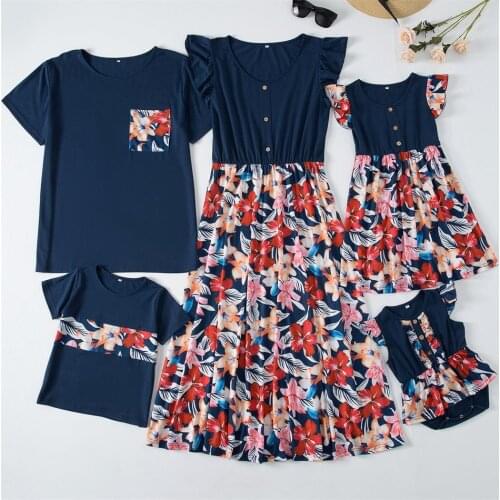 Summer Family Matching Outfits Ruffled Sleeve Mother Daughter Dresses Flower Mom Baby Mommy and Me Clothes Father Son T-shirts