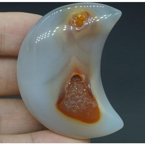Moon Figurine Palm Stone Natural Gemstone Gray Agate Geode Crystal Reiki Healing Statue Home Decor#I