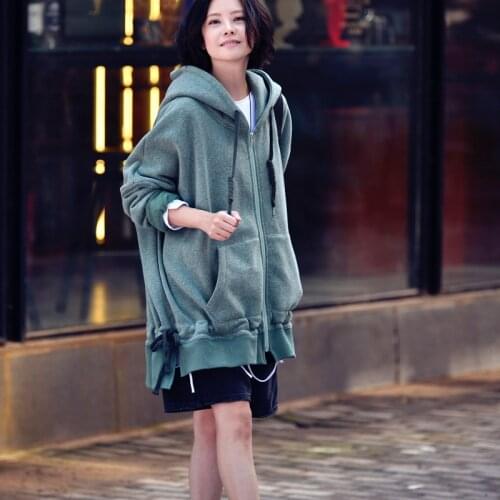 MICOCO W6782C Leisure art thick rope loose hooded avocado green with velvet coat autumn and winter