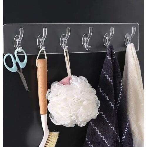 Bathroom Nail-Free Wall Hook A Row Of Traceless Hooks Wall Hanger Sticker Transparent Plastic Glue Hooks Kitchen Six Rows Hooks