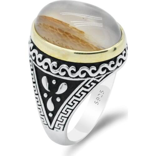 Natural Agate Stone Pure 925 Sterling Silver Men Ring Chain Drips Plum Flower Vintage Wedding Ring Exquisite Design Fine Jewelry