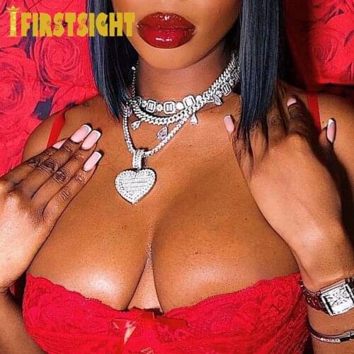 Silver Color Heart Pendant Necklace For Women Men 5mm CZ Tennis Chain Iced Zircon Cubic Zirconia Choker Hip Hop Fashion Jewelry