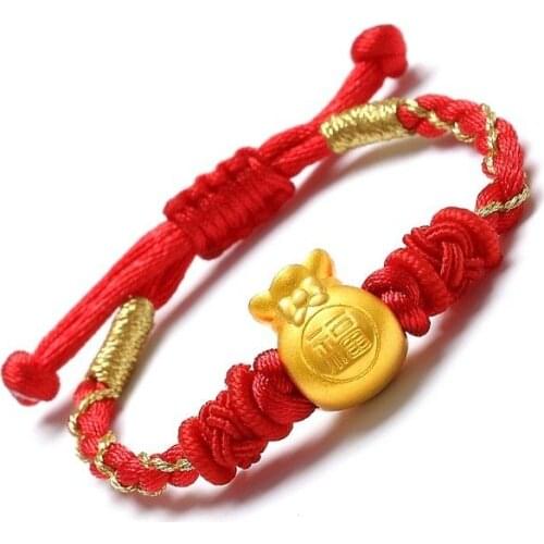 Authentic 24K Yellow Gold Smart Lucky Bag Red Braided Bracelet - Best Gift