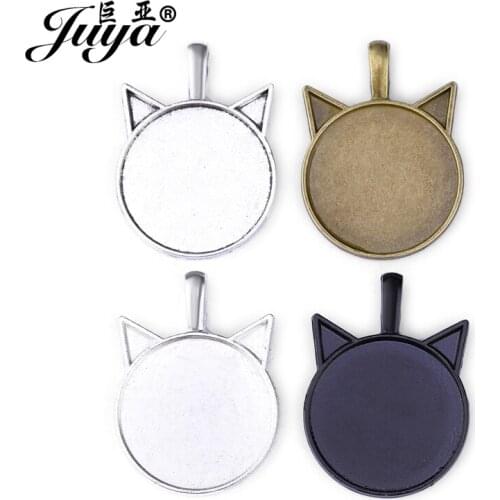 DIY Jewelry Making 10PCS Cat Ears Shape Setting Charms Cabochon Cameo Base Tray Bezel Blank 25mm Round Glass Pendant Necklace