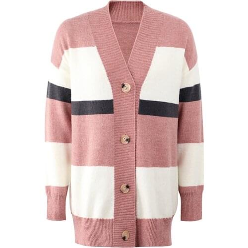 Quanss New 2021 Womens Cardigan Striped Patchwork Sweaters Femlae Autumn Winter Clothes Long Sleeve Outwear Loose Knitted Coat