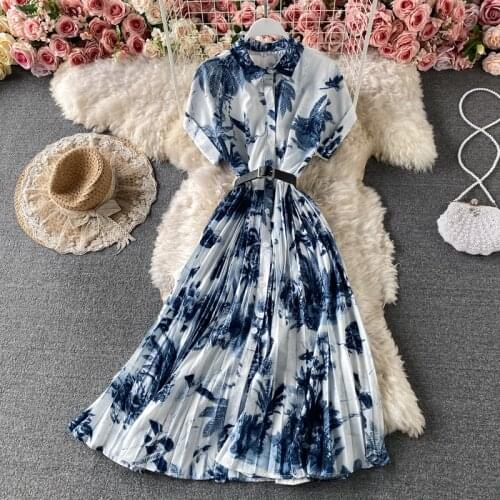 Shirt Lapel Chiffon Pleated Vestidos Female Summer Big Swing Temperament Beach Bohemian Color A-line Midi Dress GK675