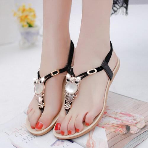 Women Shoes 2021 Hot Fashion Women Sandals Elastic T-strap Bohemia Beaded Owl Slipper Flat Sandals Women Summer Shoes Flip Flop0