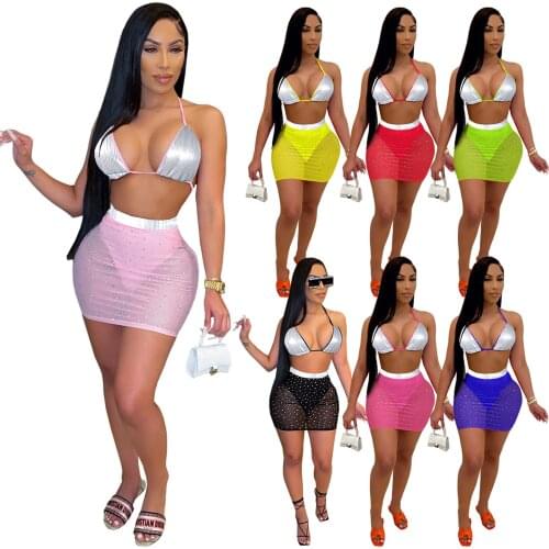 Echoine Sexy Sequin Bra Crop Top Sheer Mesh Diamond See Through Mini Skirt Bodycon Party Clubwear Outfits Beach Matching Set