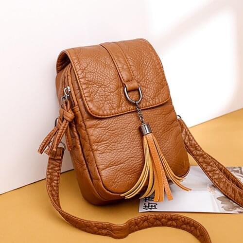 Mini Soft Leather Crossbody Bags for Women High Quality Solid Color Tassel Shoulder Bag Retro Cell Phone Purse Handbags
