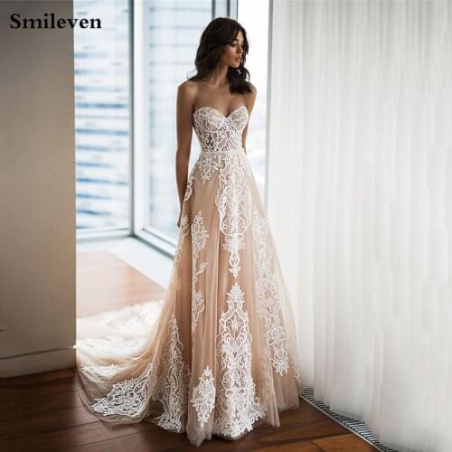 Smileven Champagne Wedding Dress Sweetheart Neck Lace Appliques Bride Dresses Elegant A Line Lace Princess Wedding Gowns