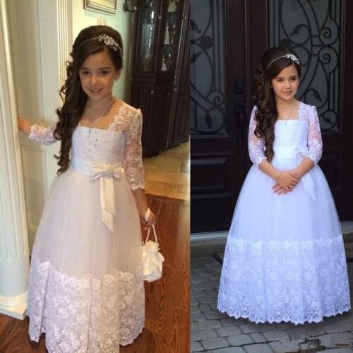 Flower Girls Dresses For Weddings Stunning 3/4 Sleeves Appliques Lace Tulle Junior Floor Length First Communion Dresses