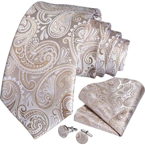 Wedding Men Tie Gold White Paisley Fashion Tie For Men Business Dropshipping DiBanGu Designer Hanky Cufflink Tie Set SJT-7248