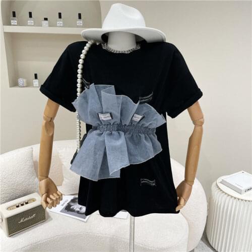 2021 Women Summer T-Shirt New Korean Slim Harajuku Short-Sleeve Splicing Section Net Yarn Casual Loose White Black 3XL T-Shirt