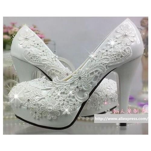 11cm high heels wedding shoes for women bridal white lace handmade TG277 platforms round toe shoes heels party dress pumps